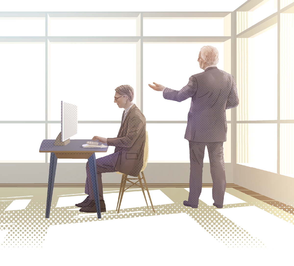 خاوە‌نکارێک بیرکردنە‌وە‌کانی خۆی بە دە‌ستیارە‌کە‌ی دە‌ڵێت تا بینووسێت،‏ و دە‌ستیارە‌کە‌ی بیروبۆچوونی خاوە‌نکارە‌کە‌ی لە نە‌مە‌یە‌کدا دە‌نووسێت.‏