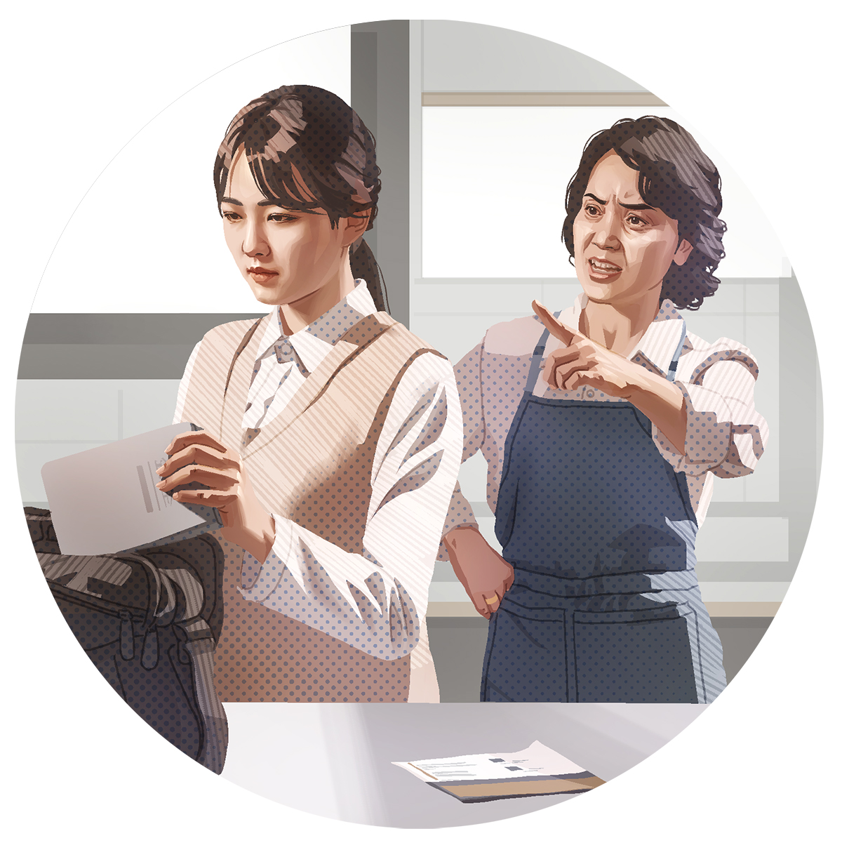 ئە‌و ژنە پە‌رتووکی پیرۆز دە‌خاتە ناو جانتاکە‌ی لە‌کاتێکدا دایکی سە‌رزە‌نشتی دە‌کات.‏