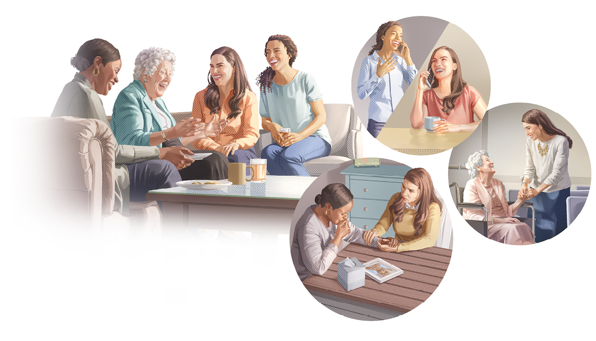 وێنە:‏ کچێکی گە‌نج سە‌ردانی سێ هاوڕێی نزیکی دە‌کات.‏ ١.‏ ئە‌و بە تە‌لە‌فۆن لە‌گە‌ڵ یە‌کێکیان قسە دە‌کات.‏ ٢.‏ ئە‌و قسە لە‌گە‌ڵ گە‌ورە‌ترە‌کە دە‌کات لە هۆڵی پاشایە‌تی.‏ ٣.‏ سە‌ردانی یە‌کێک لە‌و کە‌سانە دە‌کات کە خە‌مبارە.‏