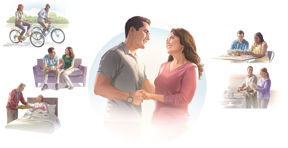 دوو هاوسە‌ر دە‌ستیان گرتووە و سە‌یری چاوە‌کانی یە‌کتر دە‌کە‌ن.‏ وێنە:‏ هاوسە‌رە دڵخۆشە‌کان،‏ هاوسە‌رگیرییە‌کە‌یان بە چە‌ند شێوە‌یە‌ک بە‌هێز دە‌کە‌ن.‏ دیمە‌نە‌کان لە‌م وانە‌یە‌دا دووپات دە‌بنە‌وە.‏