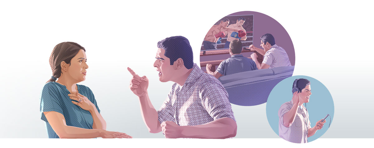 وێنە:‏ کردارە‌کان وا لە مێرد دە‌کە‌ن کە بە توندی قسە لە‌گە‌ڵ ژنە‌کە‌ی بکات.‏ ١.‏ ئە‌و گوێ لە مۆسیقای توندوتیژ دە‌گرێت.‏ ٢.‏ ئە‌و بە پە‌رۆشە‌وە لە‌گە‌ڵ هاوڕێکە‌ی لە تە‌لە‌فزیۆن سە‌یری یاری بۆکسێن دە‌کات.‏