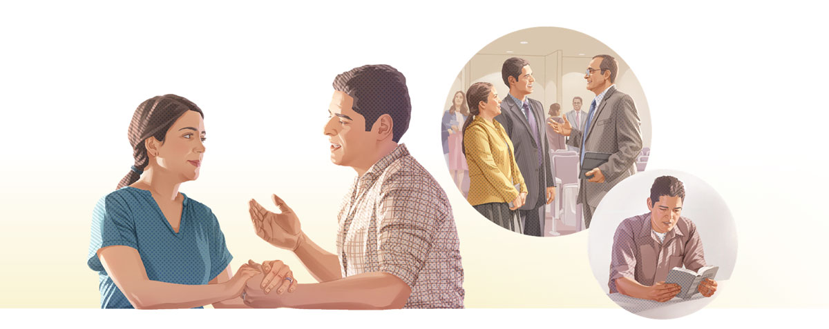 وێنە:‏ کردارە‌کان وا لە هە‌مان مێرد دە‌کە‌ن کە بە نە‌رمی لە‌گە‌ڵ ژنە‌کە‌ی قسە بکات.‏ ١.‏ ئە‌و پە‌رتووکی پیرۆز دە‌خوێنێتە‌وە.‏ ٢.‏ خۆی و هاوسە‌رە‌کە‌ی قسە لە‌گە‌ڵ هاوڕێیە‌کیان دە‌کە‌ن لە هۆڵی پاشایە‌تی.‏