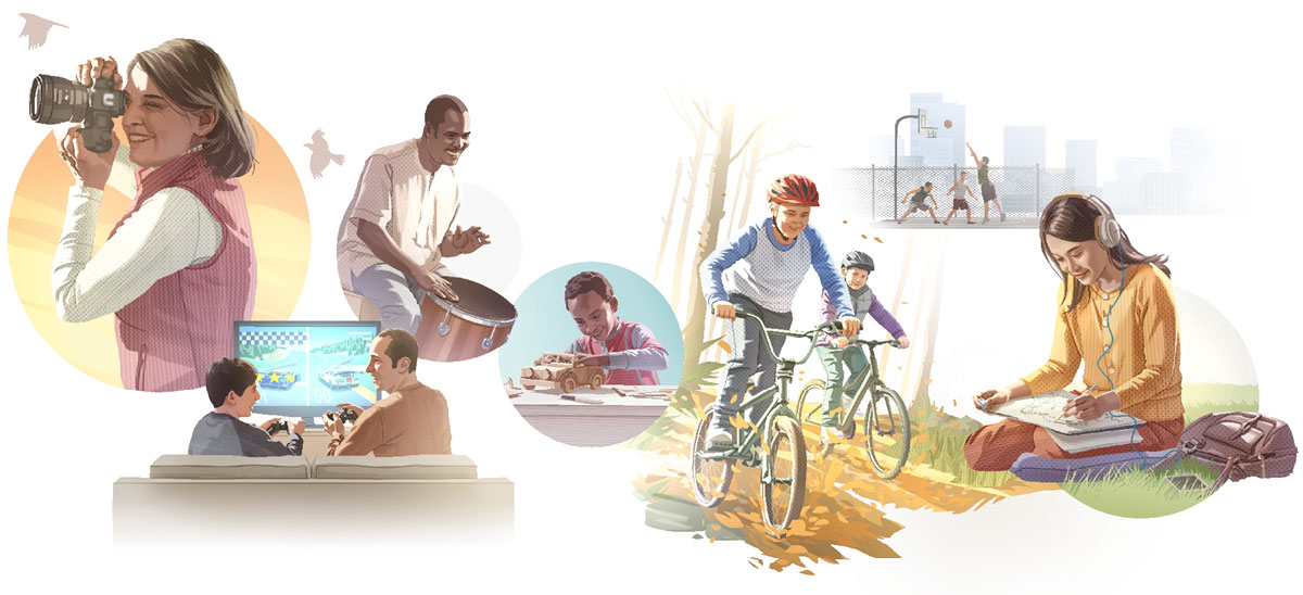 وێنە:‏ خە‌ڵک لە تە‌مە‌نە جیاوازە‌کان چێژ لە خۆشی و ڕابواردنی تە‌ندروست وە‌ردە‌گرن.‏ ١.‏ کچێک گوێ لە مۆسیقا دە‌گرێت و وێنە دە‌کێشێت.‏ ٢.‏ سێ گە‌نج یاری باسکە دە‌کە‌ن.‏ ٣.‏ دوو کوڕ پاسکیل لێدە‌خوڕن.‏ ٤.‏ کوڕێک ئۆتۆمبێلی یاری دروست دە‌کات.‏ ٥.‏ پیاوێک تە‌پڵ لێدە‌دات.‏ ٦.‏ کوڕێک لە‌گە‌ڵ باوکی یاری ڤیدیۆیی دە‌کات.‏ ٧.‏ ئافرە‌تێک وێنە دە‌گرێت.‏