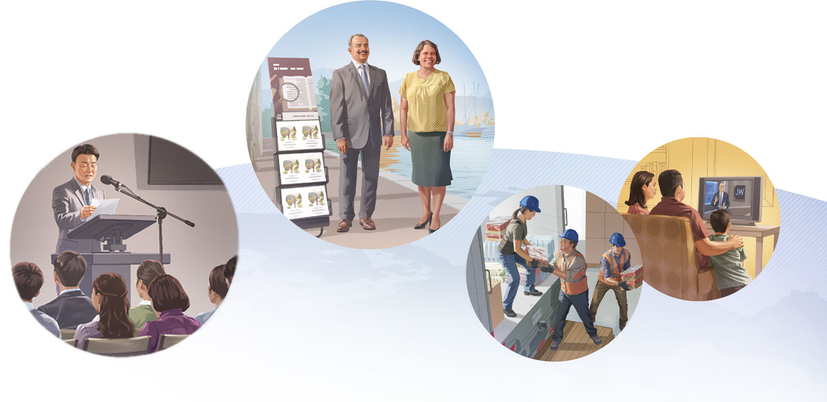 وێنە:‏ شاهیدانی یە‌هوە لە سە‌رانسە‌ری جیهاندا ڕێنماییە‌کان لە دە‌ستە‌ی بە‌ڕێوە‌بە‌ر وە‌ردە‌گرن و پە‌یڕە‌وی دە‌کە‌ن.‏ ١.‏ خێزانێک سە‌یری بە‌رنامە‌یە‌ک لە JW Broadcasting دە‌کە‌ن.‏ ٢.‏ خۆبە‌خشانی شاهیدان کە‌لوپە‌لی فریاگوزاری لە‌سە‌ر بارهە‌ڵگرێک باردە‌کە‌ن.‏ ٣.‏ دوو شاهید لە تە‌نیشت ترۆلی شاهیدان مزگێنی دە‌دە‌ن.‏ ٤.‏ پیرێک لە کۆبوونە‌وە‌یە‌کی کۆمە‌ڵدا نامە‌یە‌ک دە‌خوێنێتە‌وە.‏