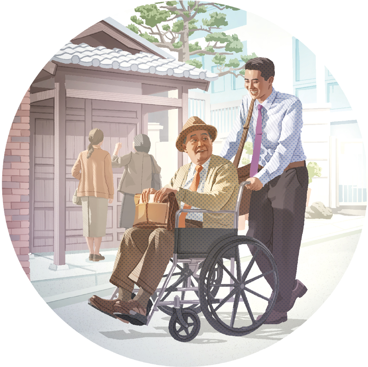 برایە‌کی گە‌نج پاڵ بە کورسی کە‌مئە‌ندامی برایە‌کی بە‌تە‌مە‌نە‌وە دە‌نێت لە کاتێکدا لە ماڵێکە‌وە بۆ ماڵێکی تر ئامۆژگاری دە‌کە‌ن.‏