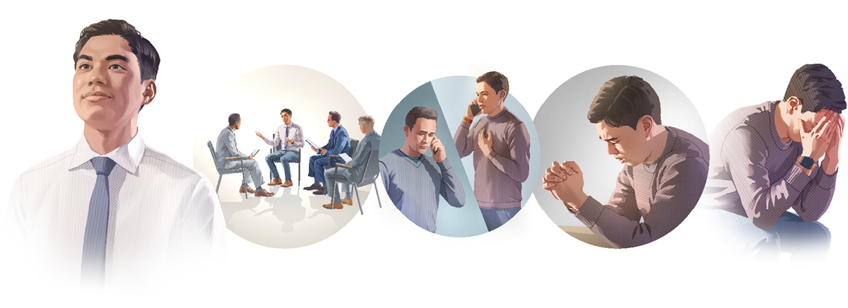 وێنە:‏ ١.‏ برایە‌ک خە‌مبار دە‌بێت و سە‌ری لە نێو دە‌ستە‌کانیدا دە‌نێژێت.‏ ٢.‏ براکە لە یە‌هوە دە‌پاڕێتە‌وە.‏ ٣.‏ براکە بە تە‌لە‌فۆن لە‌گە‌ڵ پیرێک قسە دە‌کات .‏ ٤.‏ براکە چاوی بە سێ گە‌ورە دە‌کە‌وێت.‏ ٥.‏ براکە زە‌ردە‌خە‌نە دە‌کات چونکە ویژدانێکی خاوێنی هە‌یە.‏