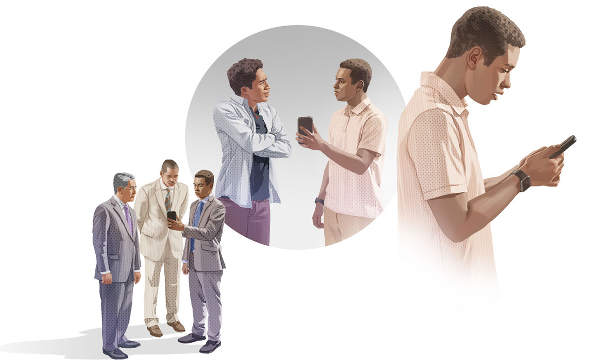 وێنە:‏ برایە‌ک یارمە‌تی برایە‌کی تر دە‌دات کە شتێکی هە‌ڵە‌ی کردووە.‏ ١.‏ براکە نیگە‌ران دە‌بێت لە‌وە‌ی لە مۆبایلە‌کە‌یدا دە‌یبینێت.‏ ٢.‏ براکە مۆبایلە‌کە‌ی نیشانی براکە‌ی تر دە‌دات،‏ بە‌ڵام براکە‌ی تر ئە‌و نزیکبوونە‌وە‌یە ڕە‌ت دە‌کاتە‌وە.‏ ٣.‏ براکە مۆبایلە‌کە‌ی نیشانی دوو بە‌تە‌مە‌ن دە‌دات و قسە‌یان لە‌گە‌ڵدا دە‌کات.‏