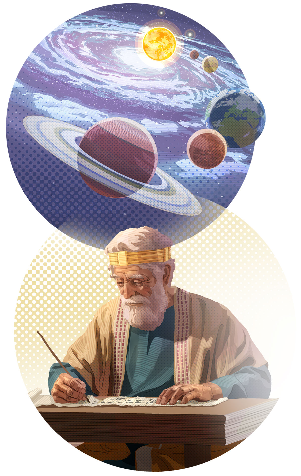 وێنە:‏ ئە‌و شتانە‌ی کە بە ڕۆحی پیرۆزی خودا ئە‌نجامیان داوە.‏ ۱-‏ هە‌سارە‌کان و گە‌ردوون.‏ ٢.‏ نووسە‌رێکی پە‌رتووکی پیرۆز بیرۆکە‌کانی خودا لە پە‌ڕتووکێکدا تۆمار دە‌کات.‏