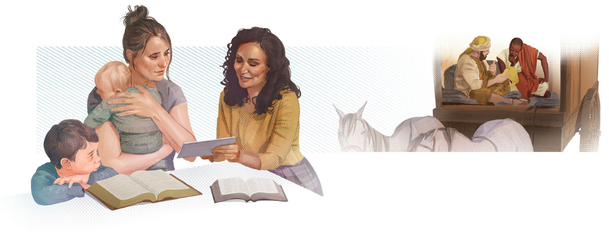 وێنە‌ی :‏١ فیلیپۆس پە‌رتووکی پیرۆز بۆ پیاوێکی هە‌بە‌شی ڕوون دە‌کاتە‌وە.‏ ٢.‏ یە‌کێک لە شاهیدانی یە‌هوە باسی پە‌رتووکی پیرۆز لە‌گە‌ڵ دایکێک و دوو منداڵە‌کە‌ی دە‌کات.‏