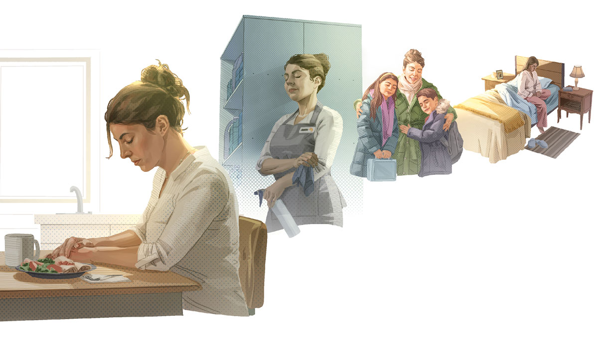 وێنە:‏ ژنێک بە درێژایی ڕۆژ دۆعا دە‌کات ١.‏ بە‌یانی ٢.‏ لە‌گە‌ڵ منداڵە‌کانی ٣.‏ لە کاتی کارکردندا ٤.‏ پێش نان خواردن.‏