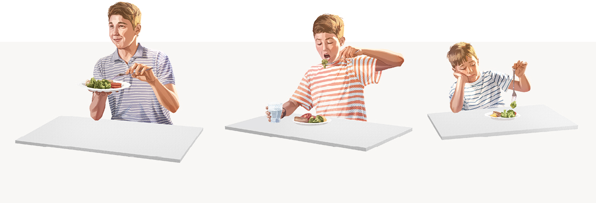 وێنە:‏ منداڵێک فێری ئە‌وە دە‌بێت کە حە‌زی لە جۆرێکی دیاریکراوی خۆراک بێت بۆ ماوە‌یە‌ک.‏ ١.‏ منداڵە‌کە یاری بە خواردنە‌کە دە‌کات.‏ ٢.‏ دواتر لە ژیاندا،‏ کوڕە‌کە خواردنە‌کە دە‌خوات.‏ ٣.‏ کە‌مێک گە‌ورە‌تر،‏ چێژ لە خواردن دە‌بینێت.‏