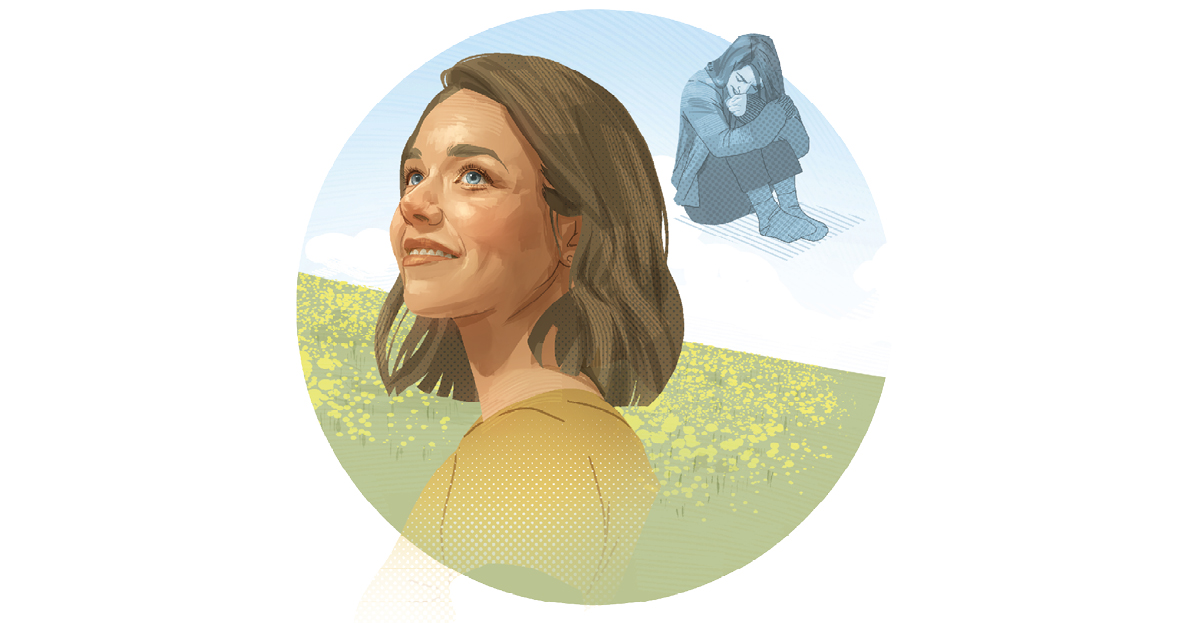 ژنێک کە چە‌ماوە و خە‌مبار بوو،‏ دواتر توانا و بە زە‌ردە‌خە‌نە‌وە وە‌ستاوە.‏