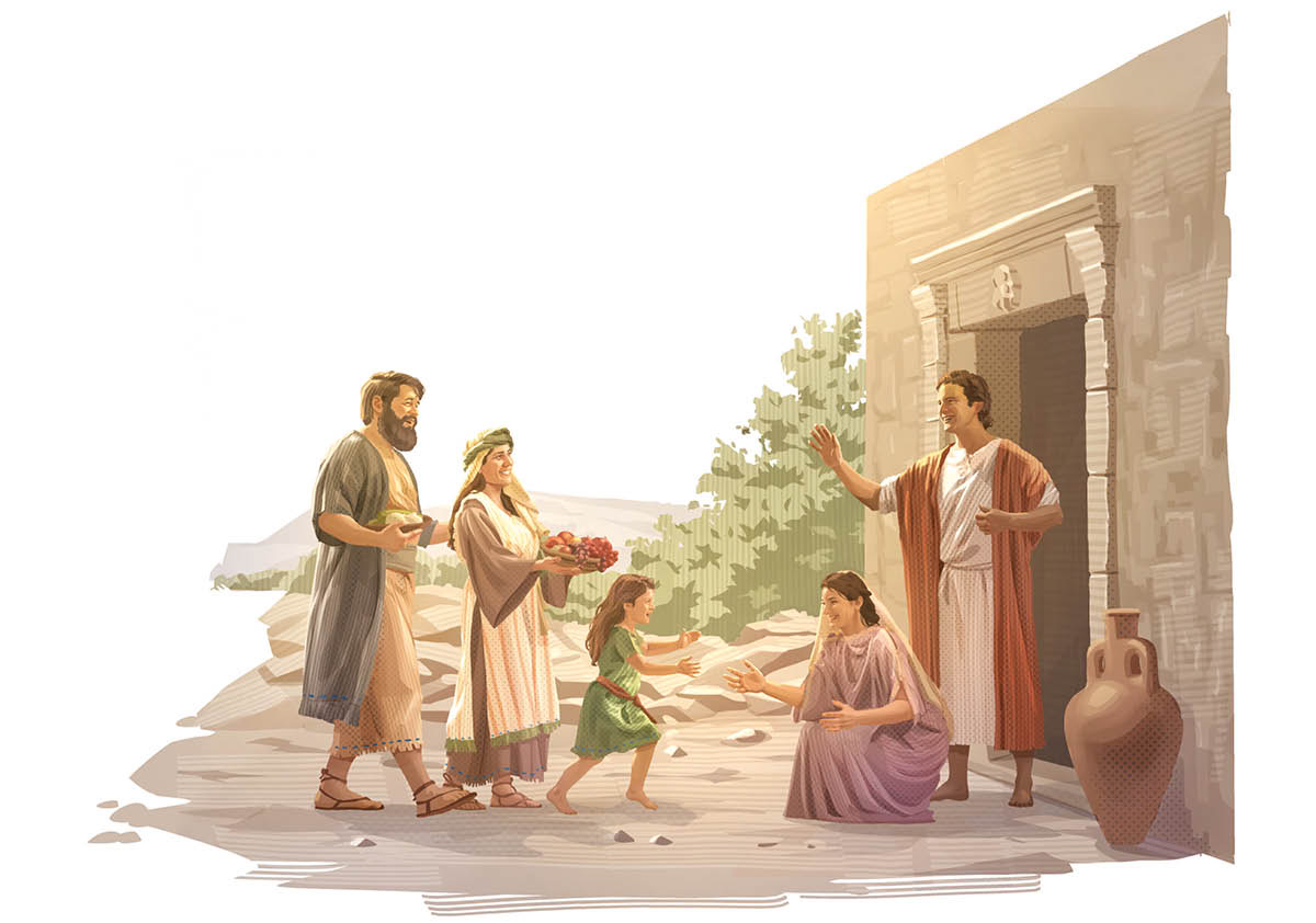 خێزانێکی مە‌سیحی سە‌دە‌ی یە‌کە‌م سە‌بە‌تە‌ی خۆراک دە‌هێنن بۆ ماڵی باوە‌ڕداران.‏