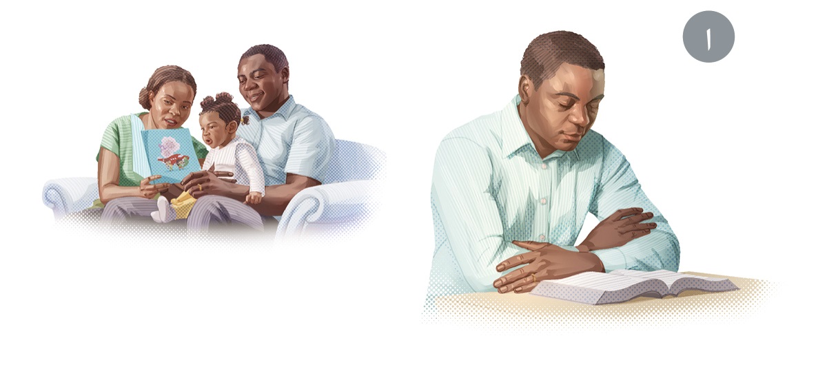 ١.‏ وێنە:‏ پیرێکی کۆمە‌ڵ کە گرنگی بە پێداویستییە ڕۆحییە‌کانی خۆی و خێزانە‌کە‌ی دە‌دات.‏ ١.‏ دە‌پاڕێتە‌وە پێش ئە‌وە‌ی پە‌رتووکی پیرۆز بخوێنێتە‌وە.‏ ٢.‏ ئە‌و بە پشتیوانی هاوسە‌رە‌کە‌ی دە‌ربارە‌ی پە‌رتووکی پیرۆز فێری کچە گە‌نجە‌کە‌ی دە‌کات.‏