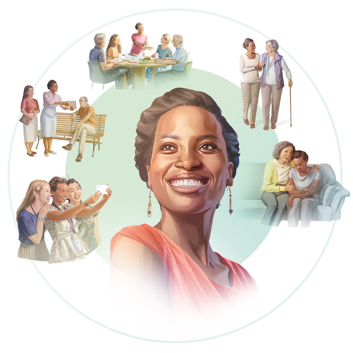 وێنە:‏ خوشکێکی لە ئاو هە‌ڵکێشراو بە دڵخۆشییە‌وە بیر لە پە‌یوە‌ندییە باشە‌کانی لە‌گە‌ڵ ئە‌وانی تر لە کۆمە‌ڵە‌کە‌دا دە‌کاتە‌وە.‏ ١.‏ ئە‌و متمانە بە خوشکێک دە‌کات.‏ ٢.‏ ئە‌و یارمە‌تی خوشکێکی بە‌تە‌مە‌ن بۆ پیاسە‌کردن دە‌دات.‏٣.‏ ئە‌و لە‌گە‌ڵ هاوڕێکانی کە تە‌مە‌نیان جیاوازە خواردن دە‌خوات.‏ ٤.‏ ئە‌و بە یارمە‌تی خوشکێکی دیکە بە پیاوێک مزگێنی دە‌دات.‏ ٥.‏ ئە‌و لە‌گە‌ڵ دوو شاهیدی یە‌هوە لە ڕە‌گە‌زە جیاوازە‌کان لە کۆنگرە ڕە‌سم دە‌گرن.‏