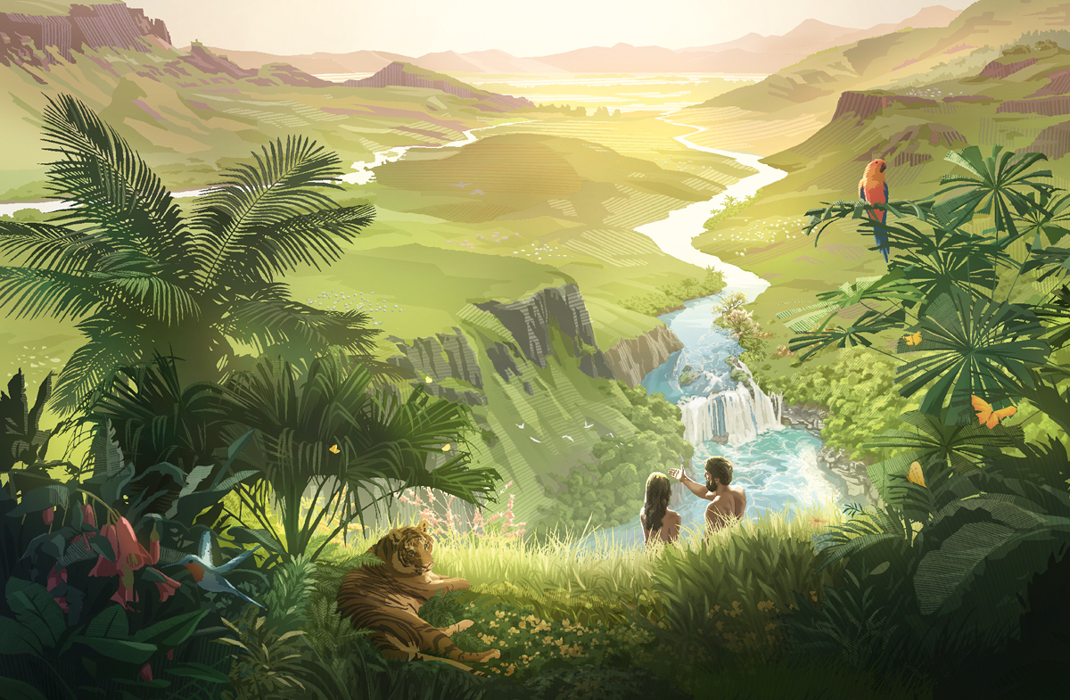 ئادە‌م و حە‌وا سە‌یری ماڵە جوانە‌کە‌یان دە‌کە‌ن کە پڕ بووە لە ڕووە‌ک و ئاژە‌ڵ.‏