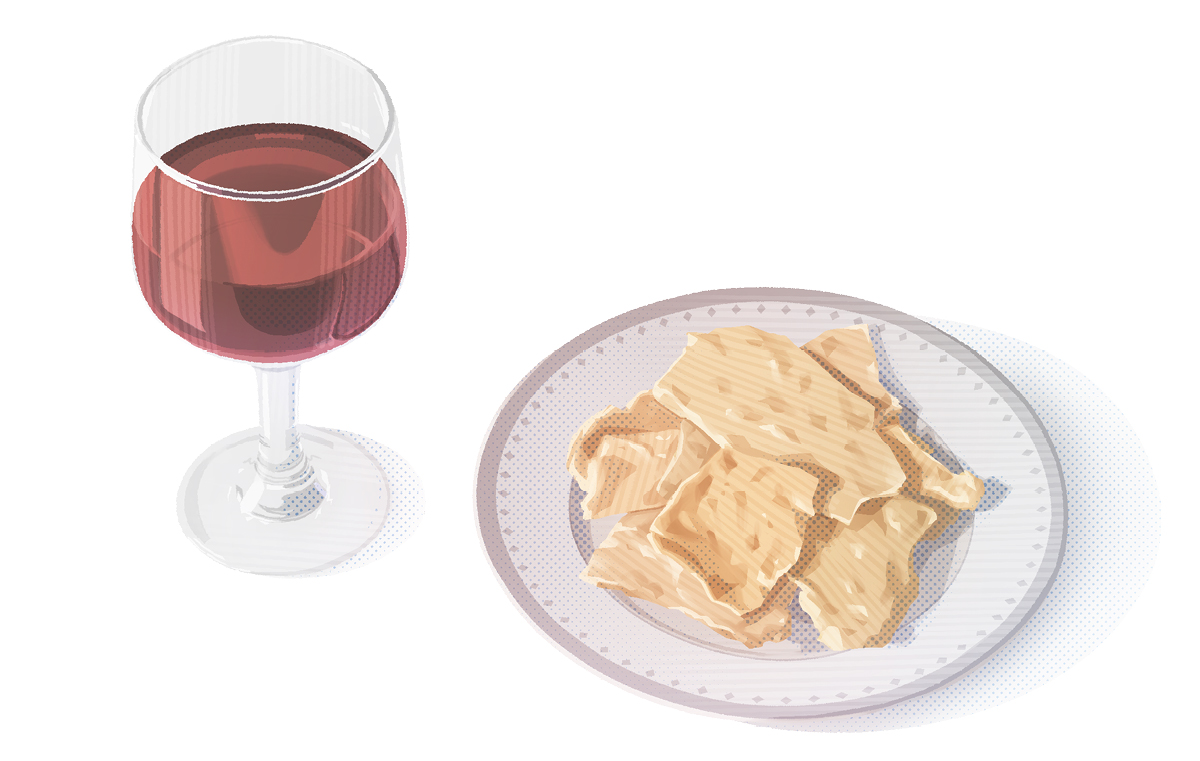 قاپێک نانی فە‌تیرە و پە‌رداخێک شە‌راب.‏