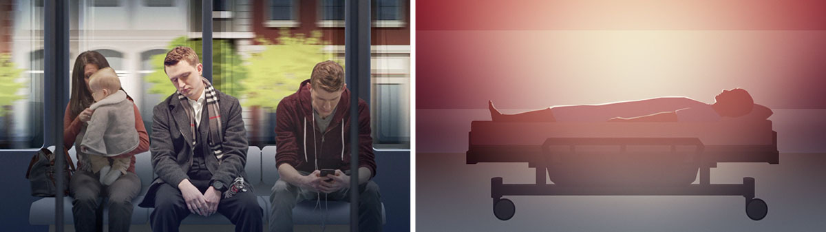 وێنە:‏ دیمە‌نە‌کانی ڤیدیۆی دۆخی مردووە‌کان چۆنە؟‏—‏بە‌شێک.‏ ١.‏ جستە‌ی مردووێک لە‌سە‌ر تە‌ختی نە‌خۆشخانە‌کە پاڵکە‌وتووە.‏ ٢.‏ پیاوێک لە کاتی گە‌شتکردن بە شە‌مە‌ندە‌فە‌ر لە نێوان دوو کە‌سدا دە‌خە‌وێت.‏