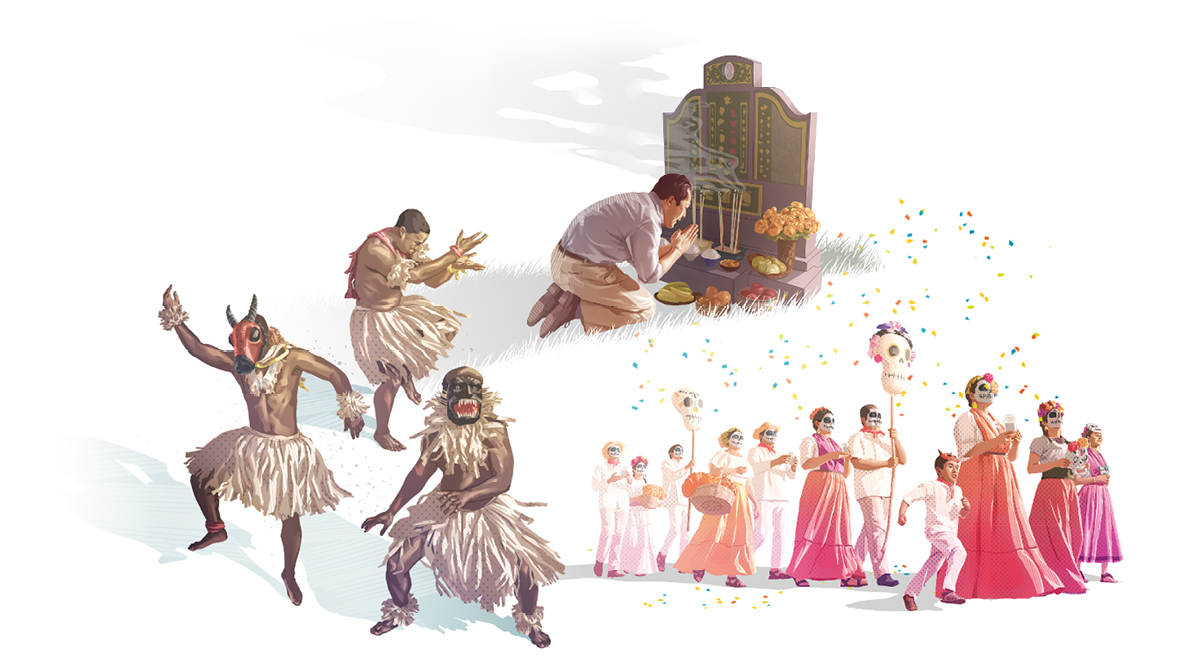 وێنە:‏ نە‌ریتە‌کانی پە‌یوە‌ست بە رێزگرتن لە مردووە‌کان.‏ ١.‏ پیاوێک بە نە‌زرە‌وە لە‌بە‌ردە‌م بە‌ردێکی گۆڕدا چۆک دە‌دات و نوێژ دە‌کات.‏ ٢.‏ سێ پیاوی خێڵە‌کی بە جلوبە‌رگە‌وە سە‌ما دە‌کە‌ن.‏ ٣.‏ کۆمە‌ڵێک خە‌ڵک دە‌مامکی سە‌رپۆش لە‌بە‌ر دە‌کە‌ن و وێنە‌ی ئێسکە‌بە‌ندی گە‌ورە لە ڕۆژی مردوواندا هە‌ڵدە‌گرن.‏