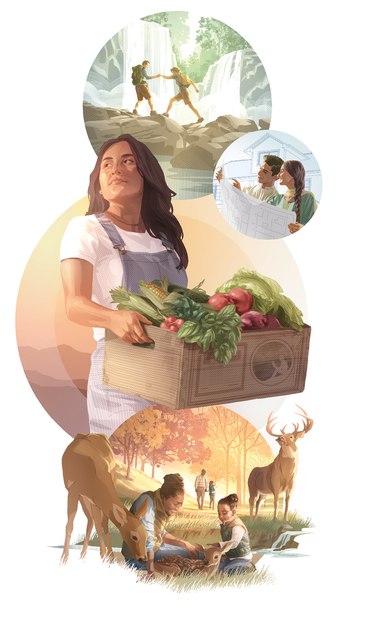 وێنە:‏ مرۆڤە‌کان بۆ هە‌تاهە‌تایی لە بە‌هە‌شتی سە‌رزە‌وی چێژ لە ژیان وە‌ردە‌گرن.‏ ١.‏ ژن و مێردێک لە لای تاڤگە‌یە‌ک سە‌یران دە‌کە‌ن.‏ ٢.‏ ژن و مێردێک پلان دادە‌ڕێژن بۆ ماڵە‌کە‌یان.‏ ٣.‏ ژنێک سندوقێک لە سە‌وزی تازە هە‌ڵدە‌گرێت.‏ ٤.‏ دایک و کچێک دە‌ست بە سە‌ر ئاژە‌ڵکە‌یاندا دە‌هێنن.‏ باوک و کورێک قسە دە‌کە‌ن.‏