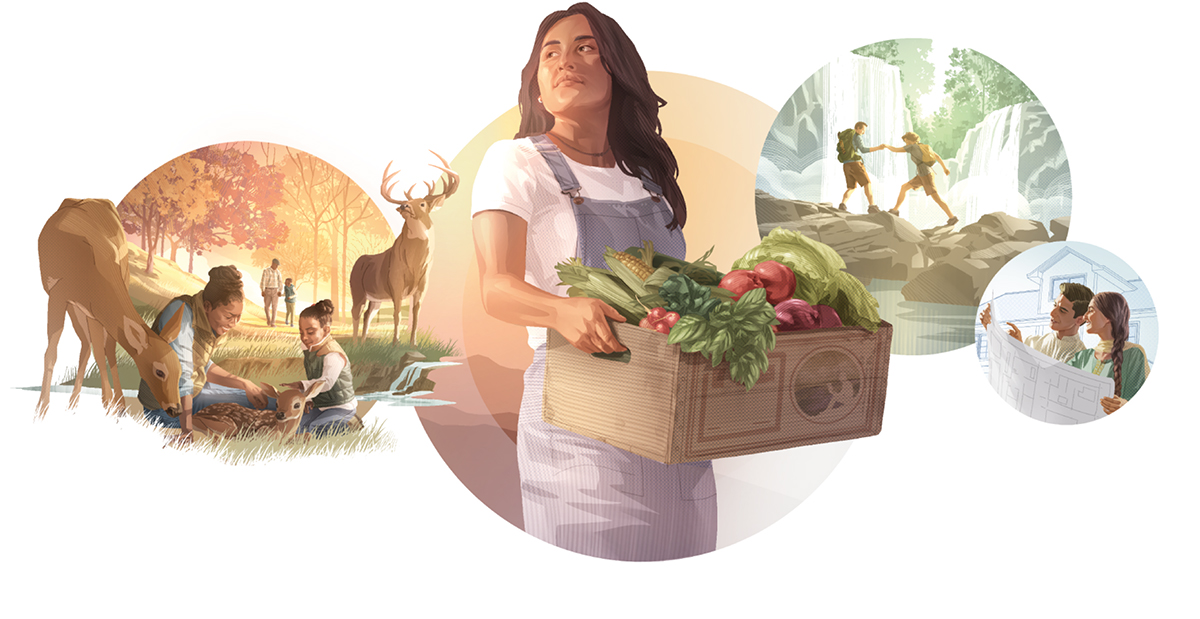 وێنە:‏ مرۆڤە‌کان بۆ هە‌تاهە‌تایی لە بە‌هە‌شتی سە‌رزە‌وی چێژ لە ژیان وە‌ردە‌گرن.‏ ١.‏ ژن و مێردێک لە لای تاڤگە‌یە‌ک سە‌یران دە‌کە‌ن.‏ ٢.‏ ژن و مێردێک پلان دادە‌ڕێژن بۆ ماڵە‌کە‌یان.‏ ٣.‏ ژنێک سندوقێک لە سە‌وزی تازە هە‌ڵدە‌گرێت.‏ ٤.‏ دایک و کچێک دە‌ست بە سە‌ر ئاژە‌ڵکە‌یاندا دە‌هێنن.‏ باوک و کورێک قسە دە‌کە‌ن.‏