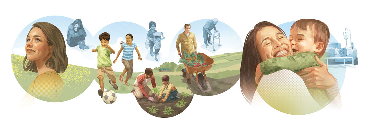 وێنە:‏ دیمە‌نە پێچە‌وانە‌کان ئە‌م بارودۆخە دە‌نوێنن کە خە‌ڵک ئە‌مڕۆ ئە‌زموونی دە‌کە‌ن،‏ لە‌گە‌ڵ ئە‌و هیوایە‌ی کە پە‌رتووکی پیرۆز بۆ داهاتوو بە‌ڵێن دە‌دات.‏ دیمە‌نە‌کان لە خوارە‌وە دووپات دە‌بنە‌وە.‏