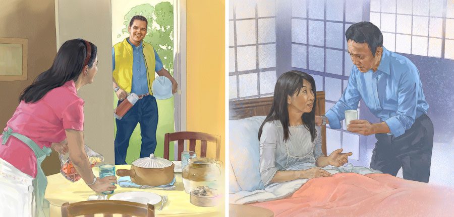 ئە‌م پیاوە ئاگاداری لە ژنە نە‌خۆشە‌کە‌ی دە‌کا؛‏ ئە‌م ژنە خواردنی بۆ مێردە‌کە‌ی ئامادە کردوە