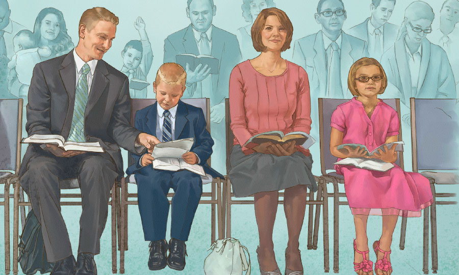 لە کۆبونە‌وە‌یە‌ک لە هۆڵی پادشایە‌تی،‏ باوکێک یارمە‌تی کۆرە‌کە‌ی دە‌دا گۆێ لە‌بە‌رنامە‌کە بگرێت