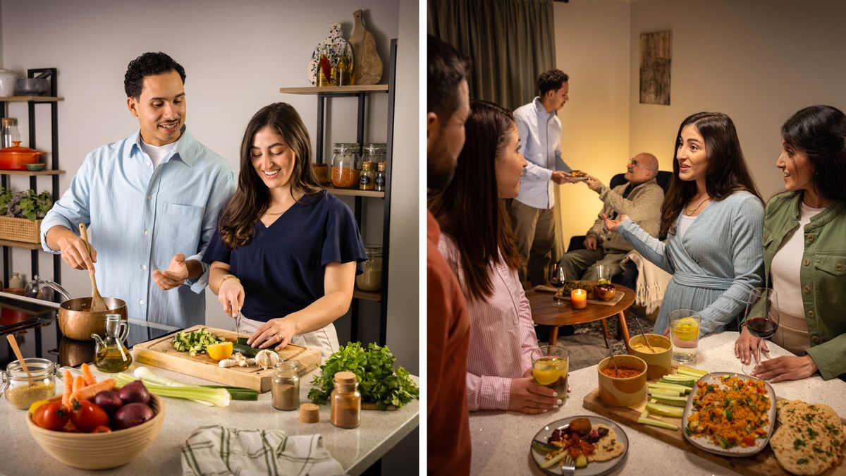 Serie de imágenes: Un matrimonio tratándose con respeto. 1. El esposo le habla con cariño a su esposa mientras cocinan juntos. 2. La esposa les habla bien de su esposo a unos invitados mientras él le sirve algo de comer a un hermano mayor.