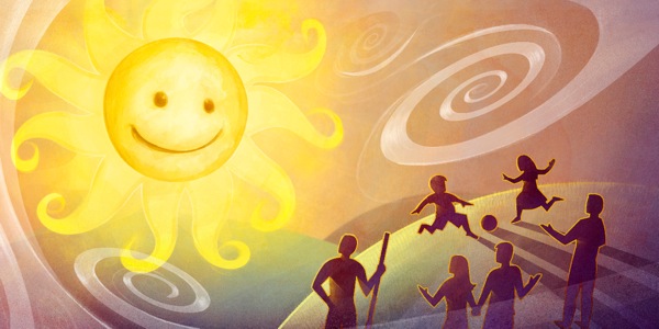 微笑的大太阳和打旋的新鲜空气；人们在户外玩耍、活动