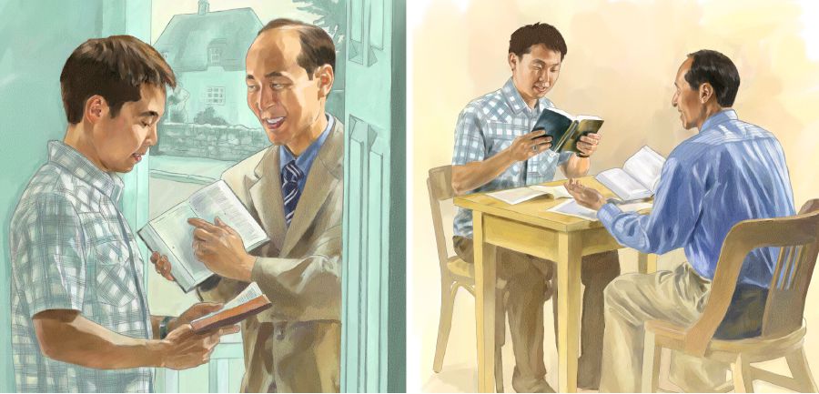 耶和华见证人读经文给一个男子听，后来教他学习圣经