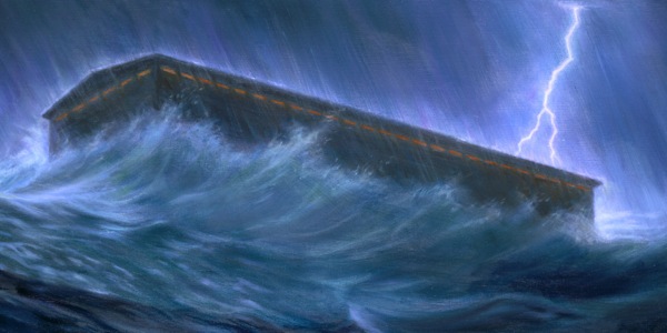 方舟在大雨和洪水中載浮載沉