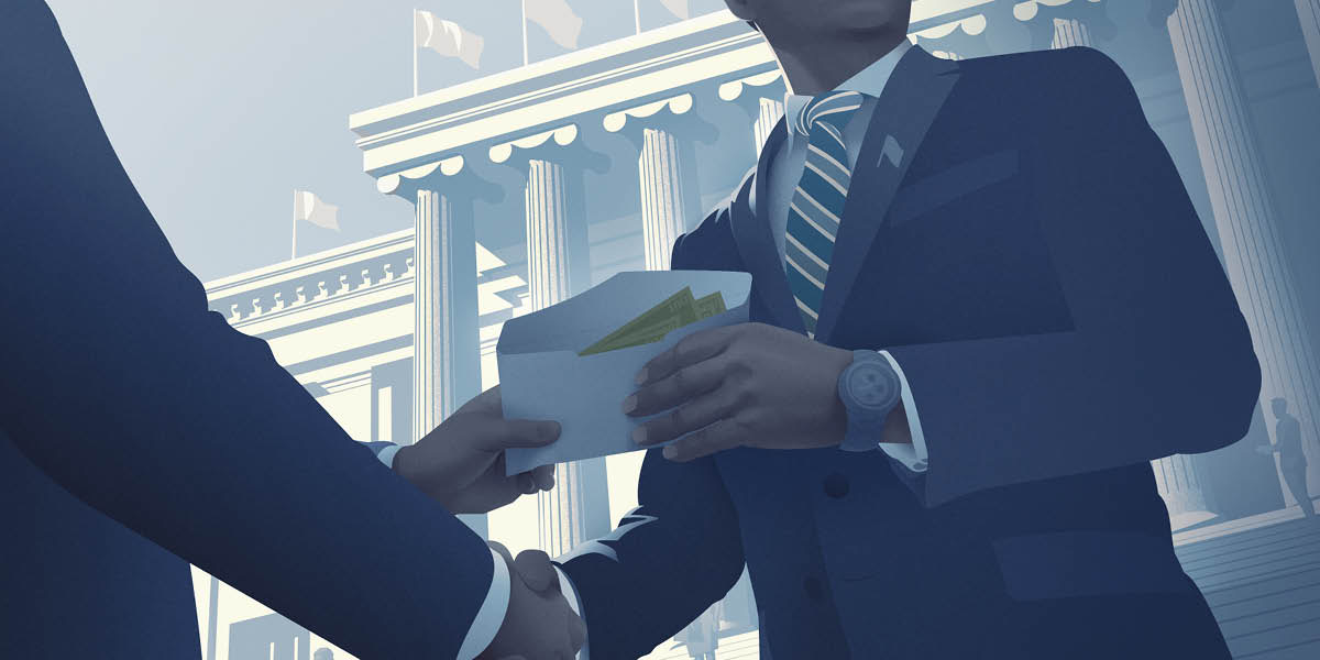 兩個人在政府大樓前握手，一個人把塞了錢的信封交給另一個人。