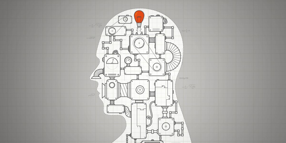 人工智能被描繪成擁有人的外形，但是頭部充滿各種機器。