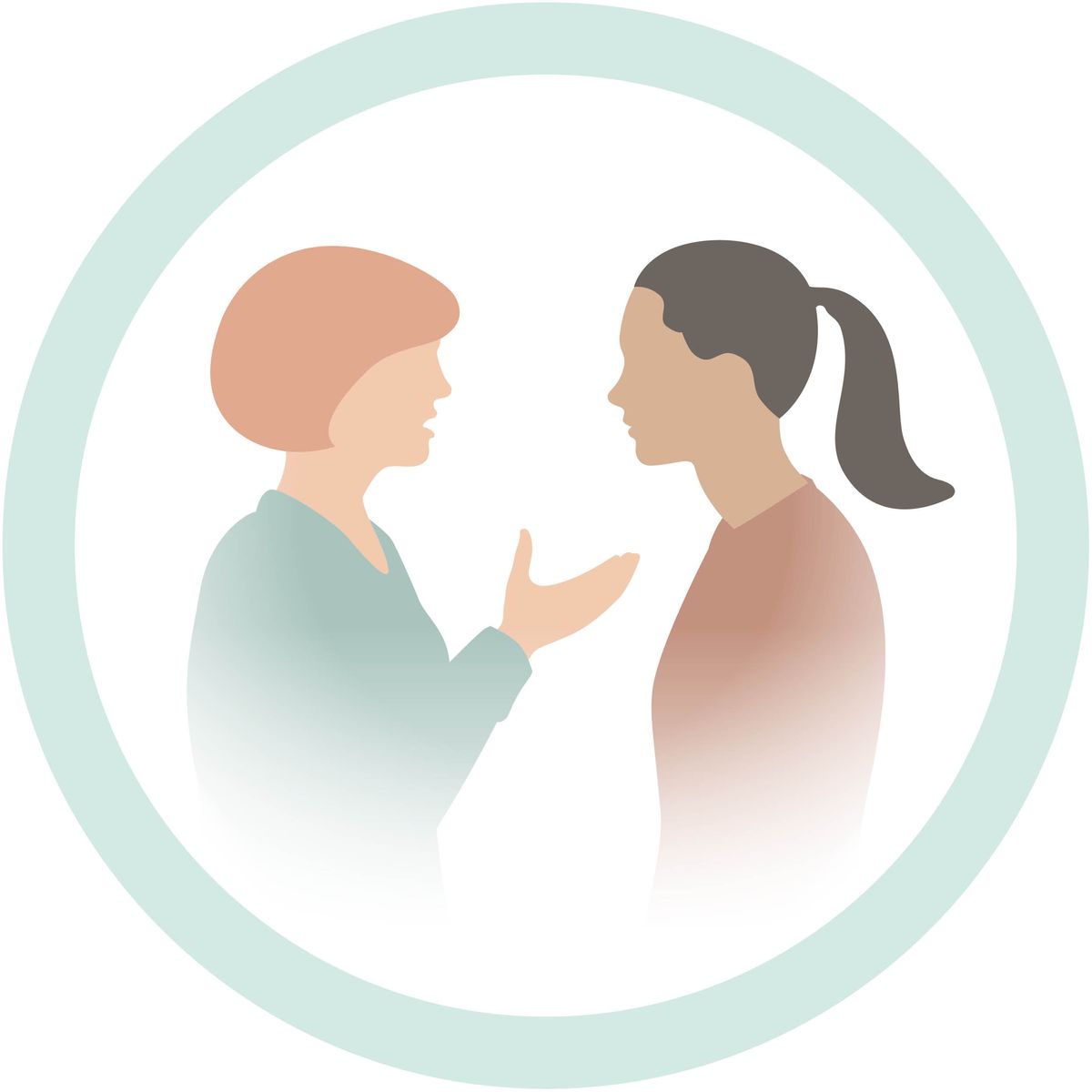 一名女子在聽另一名女子說話的插圖。