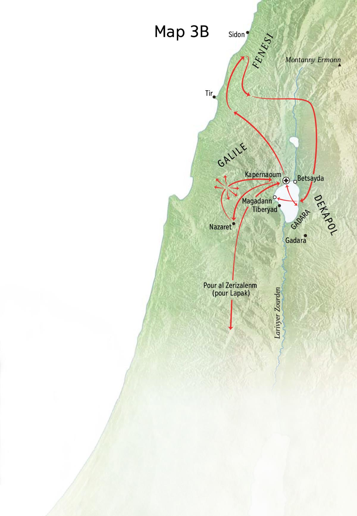 Map ki montre bann landrwa ki annan pour fer avek minister Zezi dan zanmerant Galile, pre avek Lanmer Galile, Fenisi ek Dekapol