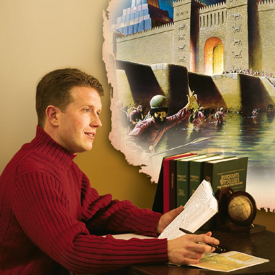 Muž si při čtení Bible představuje scénu z Izajášova proroctví o pádu Babylonu