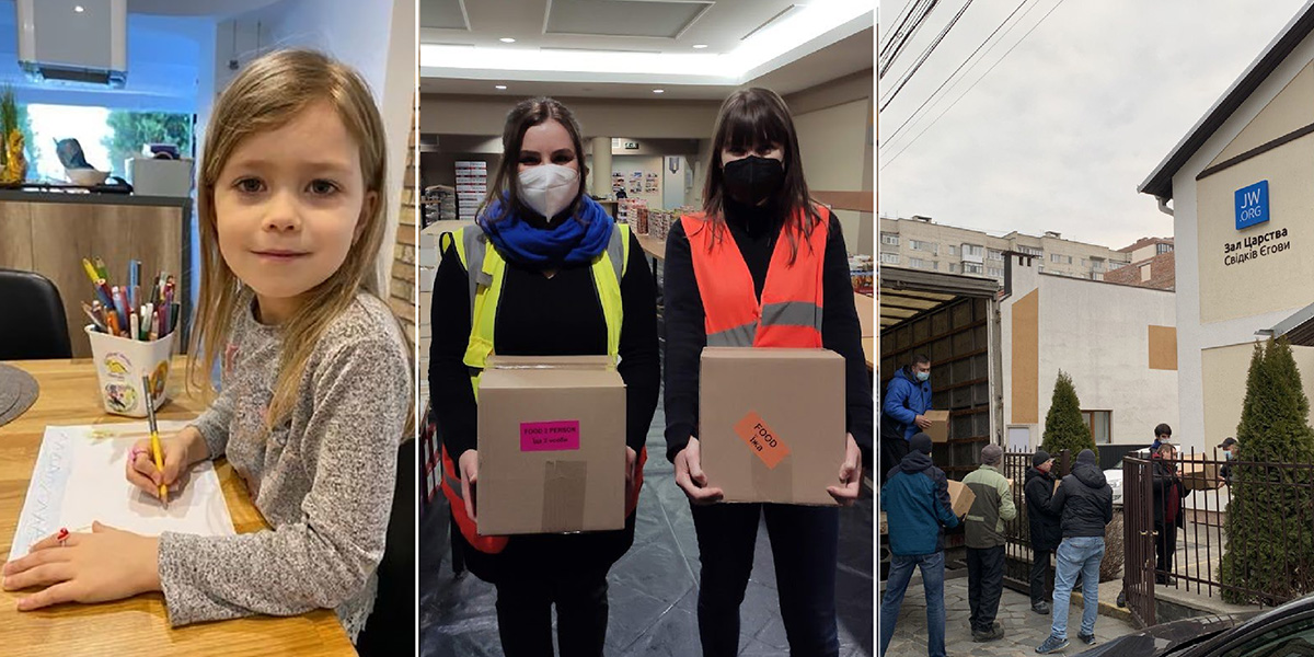Koláž: Různé humanitární práce. 1. Holčička kreslí obrázek. 2. Sestry drží balíčky připravené k odeslání. 3. Humanitární pomoc dorazila do sálu Království na Ukrajině