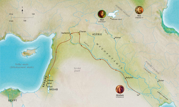 Mapa biblických zemí s vyznačením míst, která se vztahují k Abelovi, Noemovi a Abrahamovi