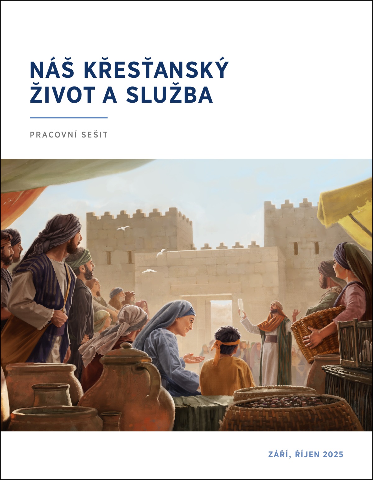 Skupina Izraelitů je blízko městské brány a poslouchá, co říká kněz. Ten v ruce drží svitek.