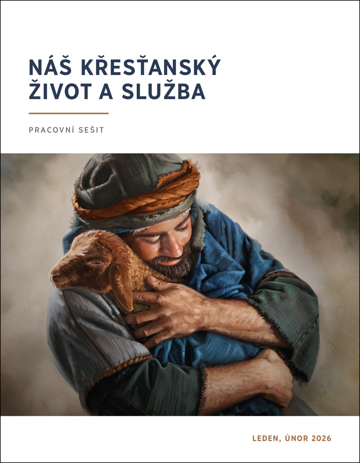 Pastýř s láskou drží v náručí jehňátko.