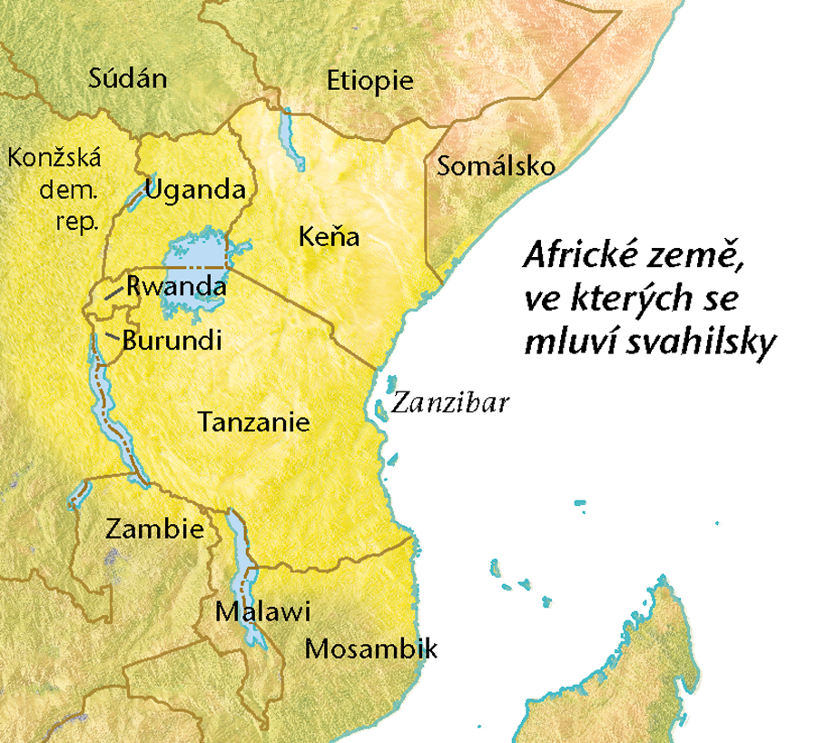 Mapa afrických zemí, kde se mluví svahilsky
