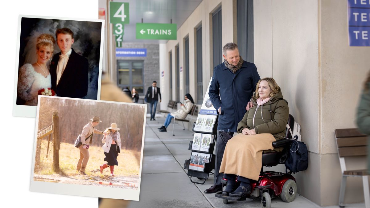 Koláž: Manžel svoji manželku celé roky věrně podporuje. 1. Jejich svatební fotka. 2. O nějakou dobu později jsou spolu ve službě v jedné vzdálené oblasti. 3. Teď jsou ve službě s pojízdnými stojany. Manžel stojí vedle nemocné manželky a drží ji za rameno. Ona sedí na elektrickém vozíku a s dýcháním jí pomáhá kyslíková láhev.