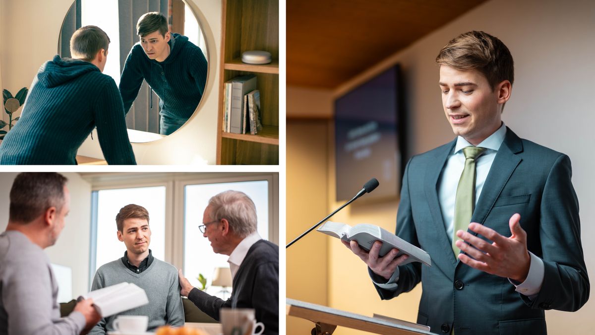 Koláž: Mladý bratr se snaží překonat svoje slabé stránky. Koláž je dál rozdělená do tří samostatných obrázků.