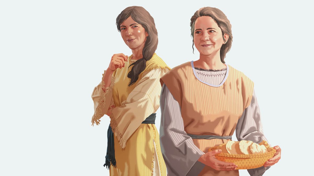 Marie a její sestra Marta. Marie přemýšlí, zatímco Marta se usmívá a drží v ruce košík s chlebem.