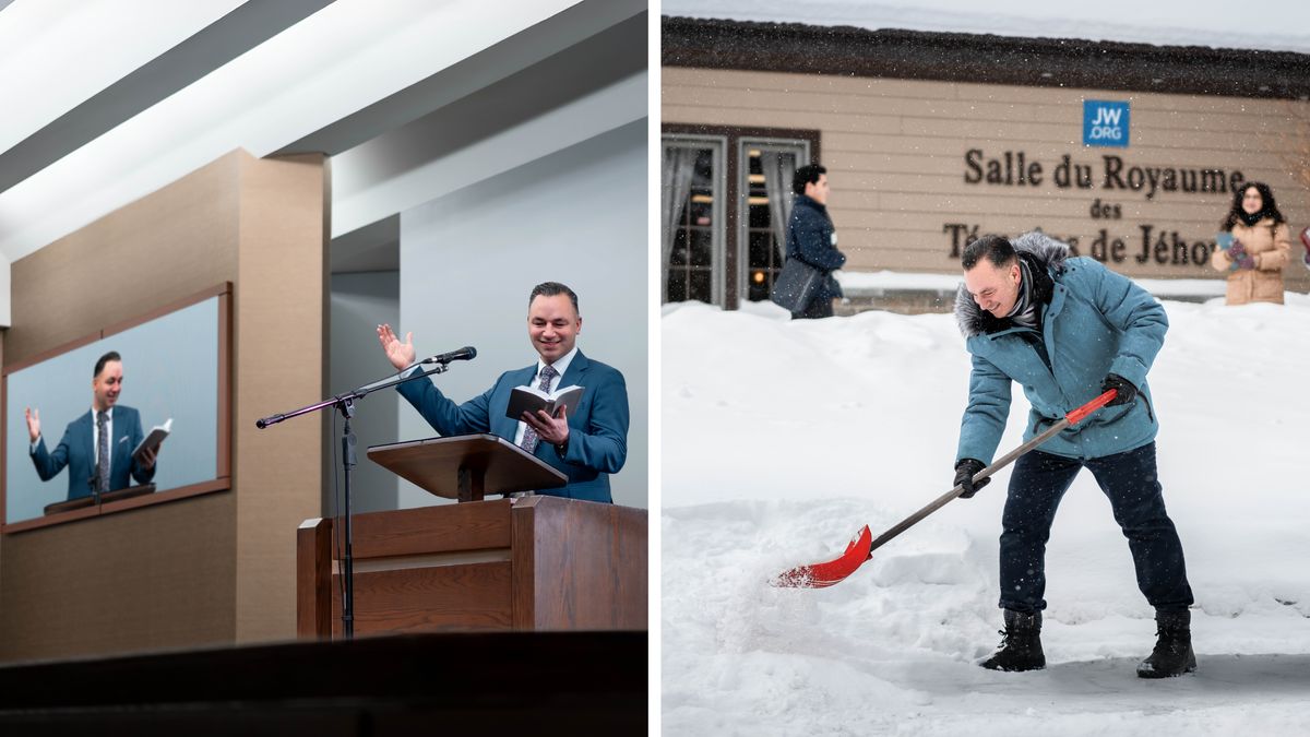 Koláž: 1. Sborový starší má proslov na sjezdu. 2. Na parkovišti před sálem Království odklízí sníh.