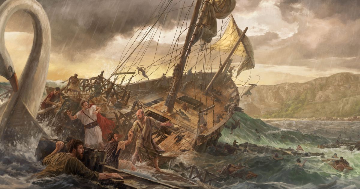 Loď se láme na kusy a Pavel a všichni ostatní na palubě skáčou do moře. Plavou k nedalekému ostrovu Malta.