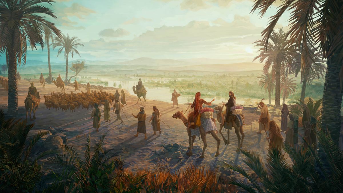 Abraham a Sára cestují na velbloudech krásnou krajinou kolem břehu Eufratu. Doprovází je jejich velká domácnost.