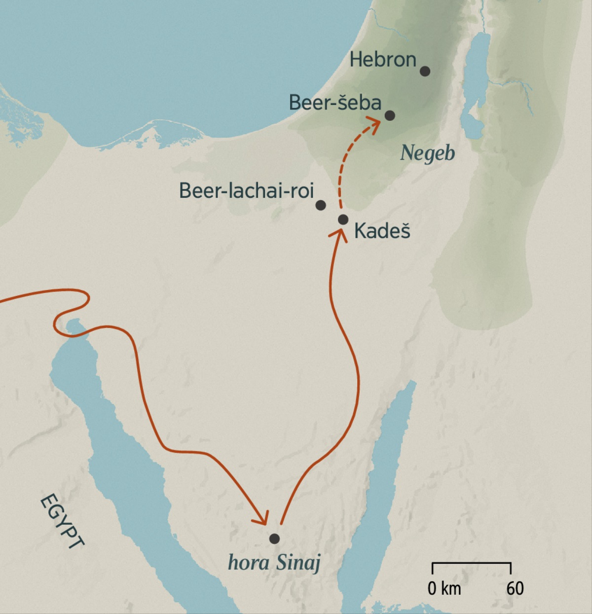 Mapa ukazuje dvě cesty. Jednu hodně dlouhou, kterou Izraelité šli z Egypta do Kadeše přes horu Sinaj, a druhou relativně krátkou z Kadeše do Beer-šeby a Hebronu v Zaslíbené zemi.