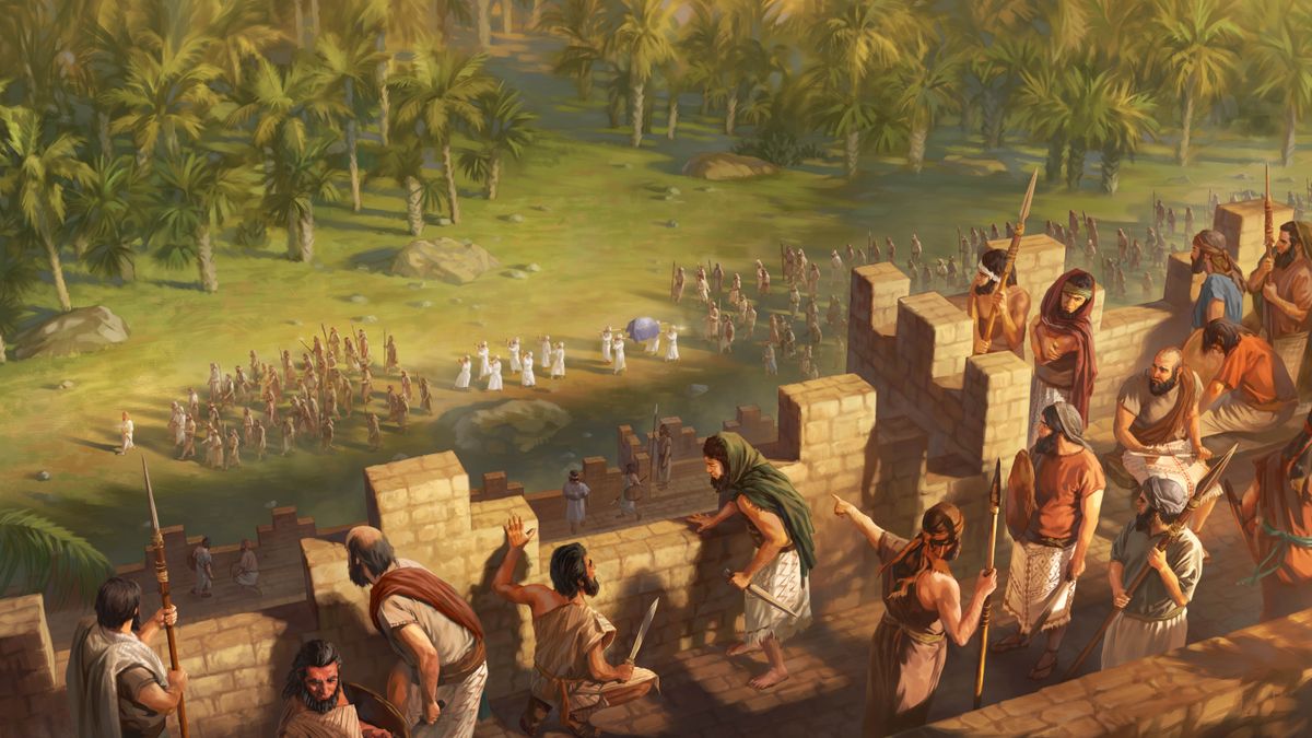 Kananejští muži, připravení do bitvy, stojí na hradbách Jericha a s obavami sledují Izraelity, kteří pochodují kolem města.